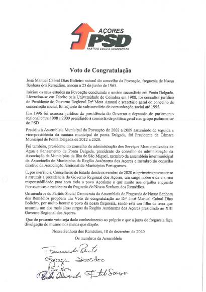 VOTO DE CONGRATULAÇÃO – José Manuel Cabral Dias Bolieiro VOTO DE CONGRATULAÇÃO – José Manuel Cabral Dias Bolieiro